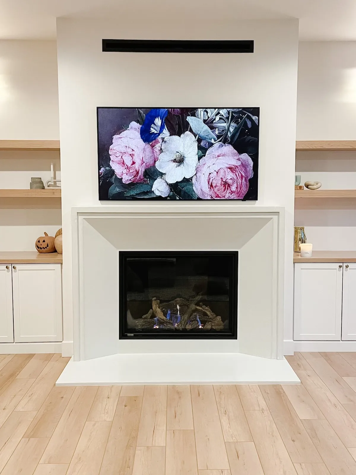 Concrete fireplace surround in a living room